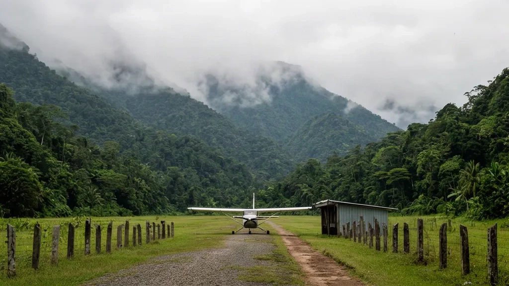 Papua Yeni Gine'nin Milne Bay Eyaleti'ndeki Agaun Havalimanı'nda (AUP) yoğun yağmur ormanları ve puslu dağ sırtlarıyla çevrili uzak çim pist