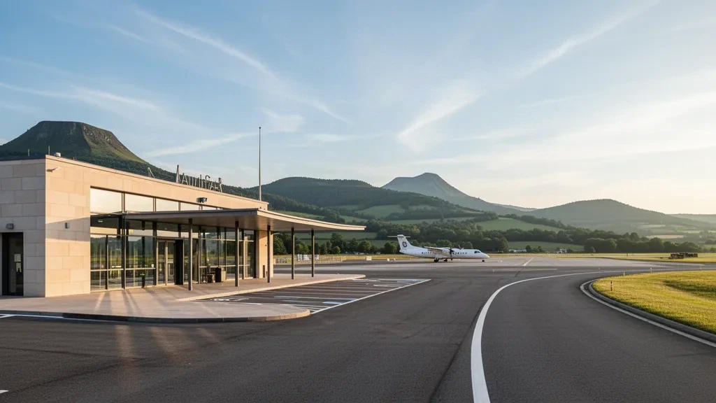 Modernes Glasterminal und Vorfeld am Flughafen Aurillac in der Auvergne, Frankreich, umrahmt von grünen Hügeln des Cantal zur goldenen Stunde
