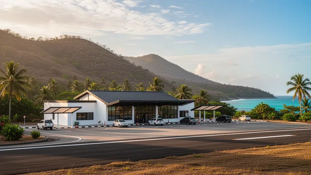 Modern single-storey terminal and runway edge at Atauro Airport on a tropical island in Timor-Leste, framed by green hills and turquoise sea