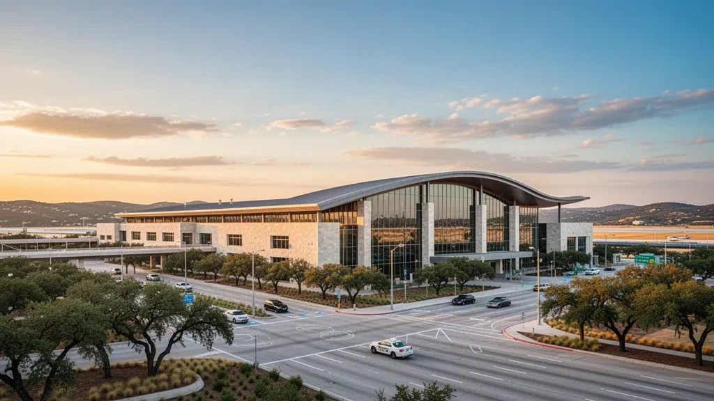 Vue à l'heure dorée de l'extérieur moderne en calcaire et en verre du terminal de l'aéroport international Austin-Bergstrom, avec voies d'accès et paysage du Texas
