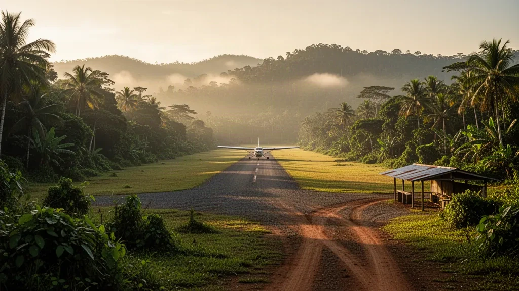 Kleine tropische Landebahn am Flughafen Aumo in Papua-Neuguinea, umgeben von Regenwaldhügeln im warmen Morgenlicht