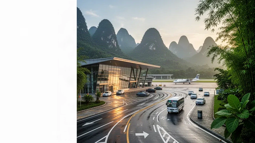 Terminal moderne en verre de l'aéroport d'Anshun Huangguoshu dans le Guizhou, encadré par des collines karstiques verdoyantes et une route de dépose au bord du trottoir à l'heure dorée