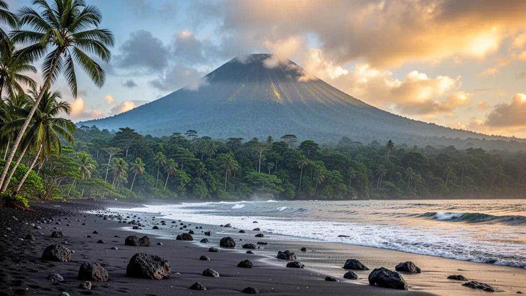 Kamerun, Limbe yakınlarında yoğun yağmur ormanları ve siyah kumlu Atlantik plajlarının üzerinde yükselen Kamerun Dağı