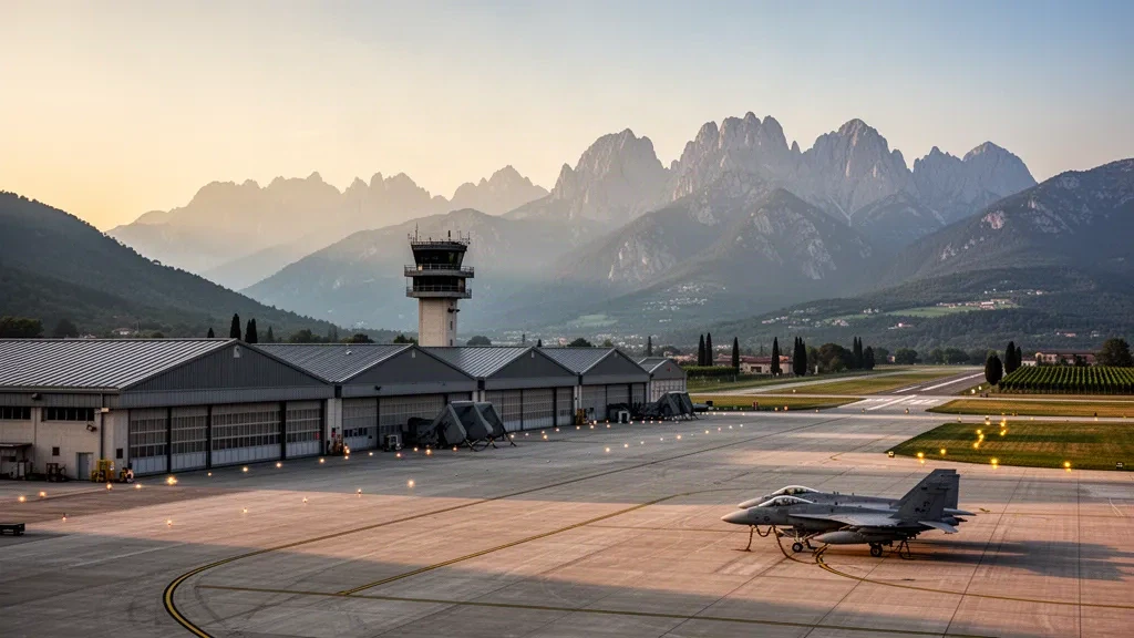 Fluglinie des Aviano Air Base in Italien mit Hangars, Vorfeld und den Dolomiten im Hintergrund zur goldenen Stunde