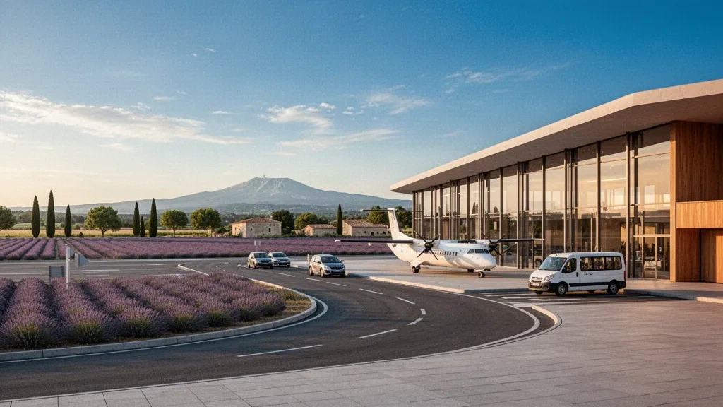 Modern glass terminal and access road at Avignon Provence Airport near Montfavet, surrounded by Provençal countryside at golden hour