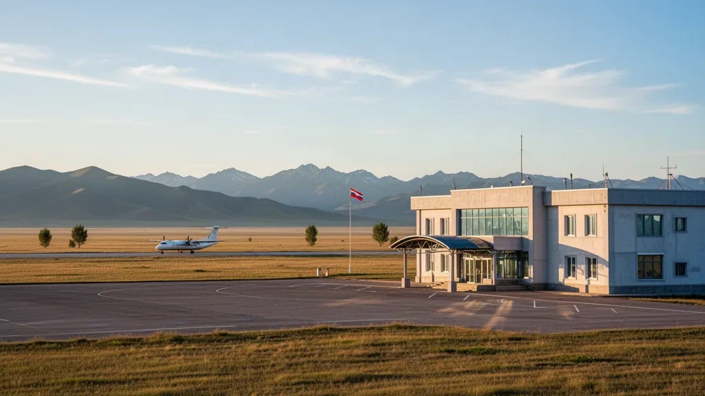 Edificio terminal bajo y plataforma vacía en el aeropuerto de Arvaikheer, en la abierta estepa mongola, con las montañas Khangai al fondo bajo la luz del final de la tarde.