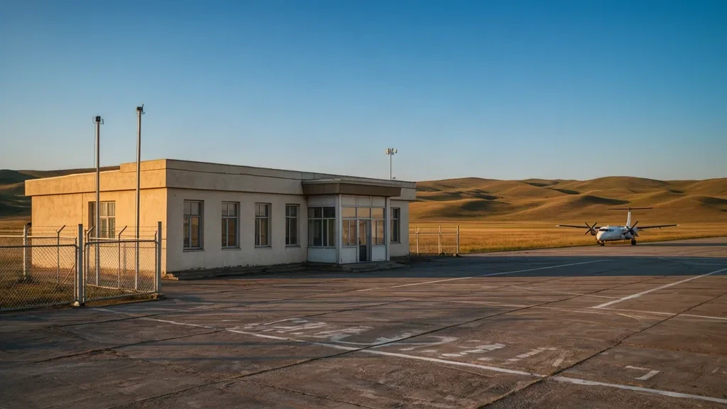 Terminal modeste d'un seul étage et tarmac à l'aéroport d'Arvaikheer en Mongolie, entourés de steppe herbeuse ouverte sous un grand ciel bleu
