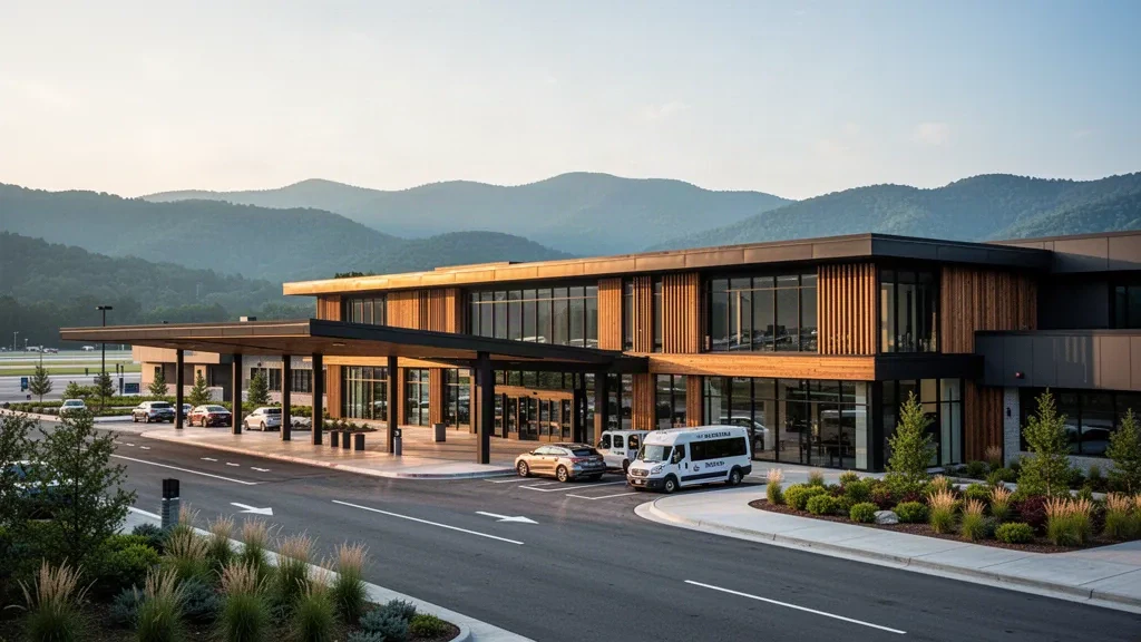 Asheville Regional Havaalanı'nda Blue Ridge Dağı manzaralı, altın saatte modern cam ve ahşap terminal ile yol kenarı bırakma şeritleri