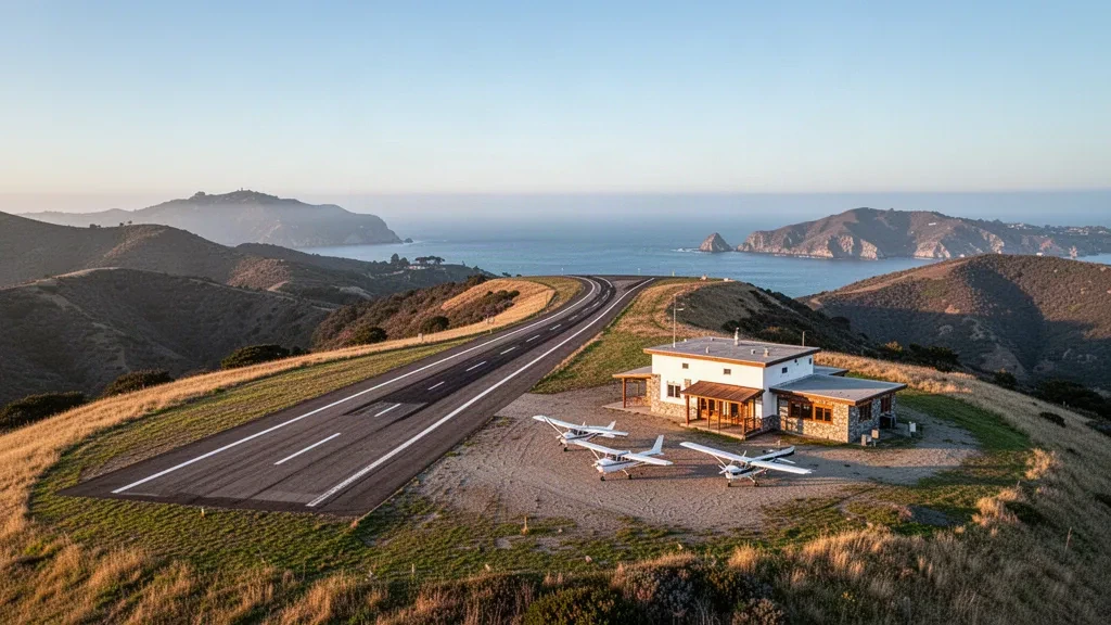 Small hilltop island airport with a single runway, parked planes and a modest terminal overlooking the Pacific Ocean on Santa Catalina Island, California
