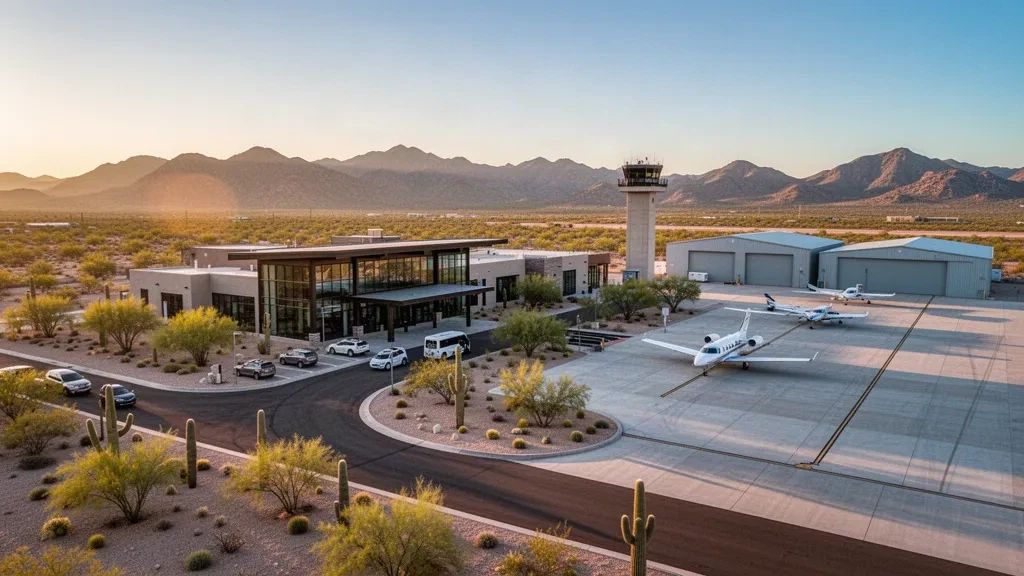 Moderna terminal y plataforma de aeronaves en el Aeropuerto Regional de Marana, Arizona, rodeadas por las montañas del desierto de Sonora a la hora dorada