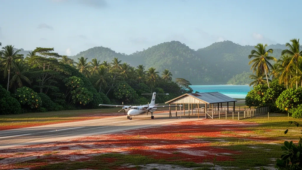 Piste d'atterrissage tropicale à l'aéroport d'Avu Avu aux Îles Salomon avec des palmiers, un petit avion de liaison et des collines verdoyantes