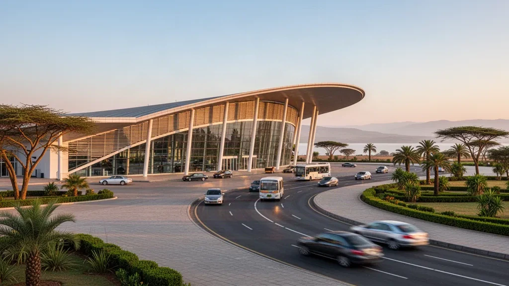 Modern glass terminal exterior at Hawassa International Airport in Ethiopia at golden hour, with drop-off lanes and distant Rift Valley highlands
