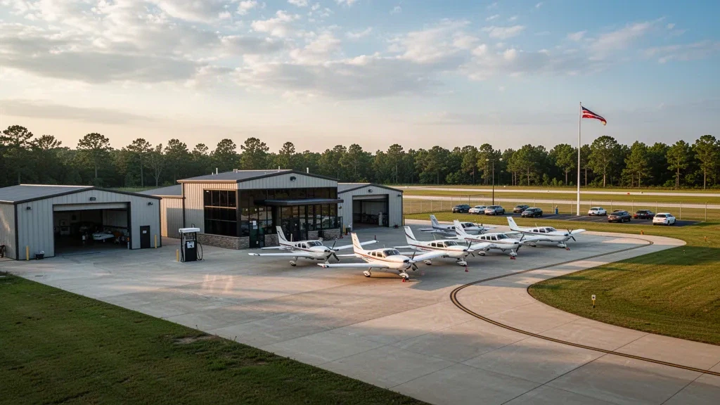 Light aircraft parked on the ramp in front of the low terminal building at West Memphis Municipal Airport during golden hour