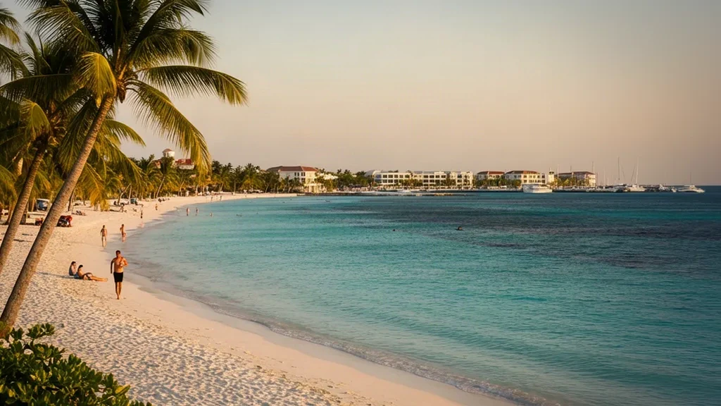 Turquoise Caribbean water and palm-lined sands of Seven Mile Beach with the George Town waterfront in Grand Cayman, Cayman Islands