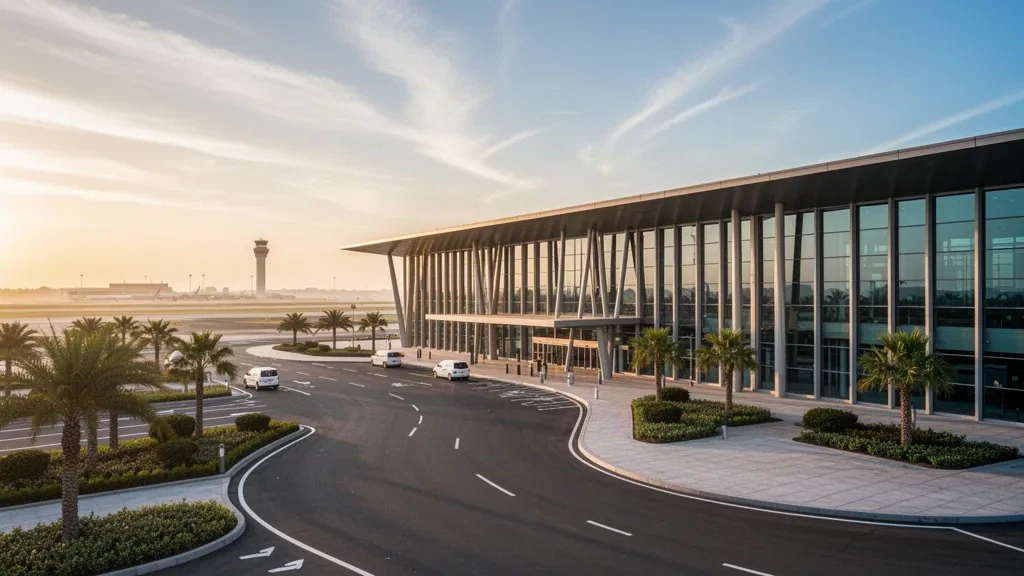 Extérieur moderne d'un terminal vitré à l'aéroport d'Alowe, avec voies d'accès courbes et zones de dépose dans une lumière dorée de fin de journée.