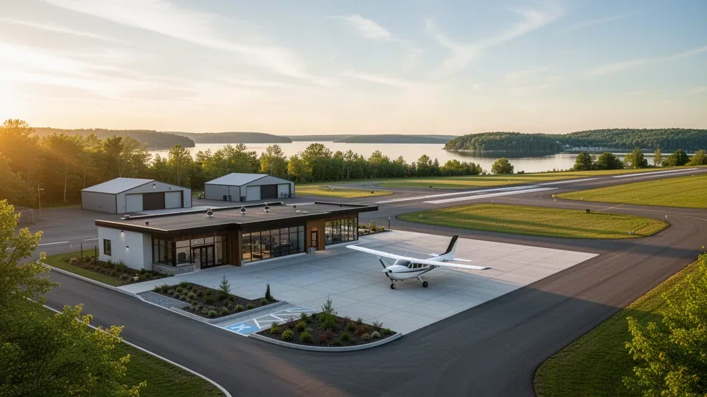 Maxson Airfield in Alexandria Bay, New York, showing a small general aviation terminal, hangars and runway at golden hour.