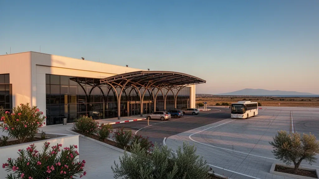 Modern glass terminal and kerbside drop-off lane at Alexandroupoli Democritus Airport in northern Greece under warm golden-hour light.