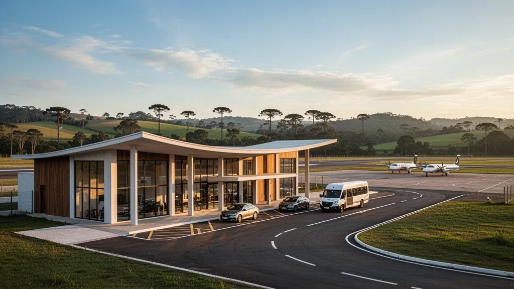 Modern glass terminal and drop-off lane at Xanxerê regional airport in Santa Catarina, Brazil, under warm late-afternoon light