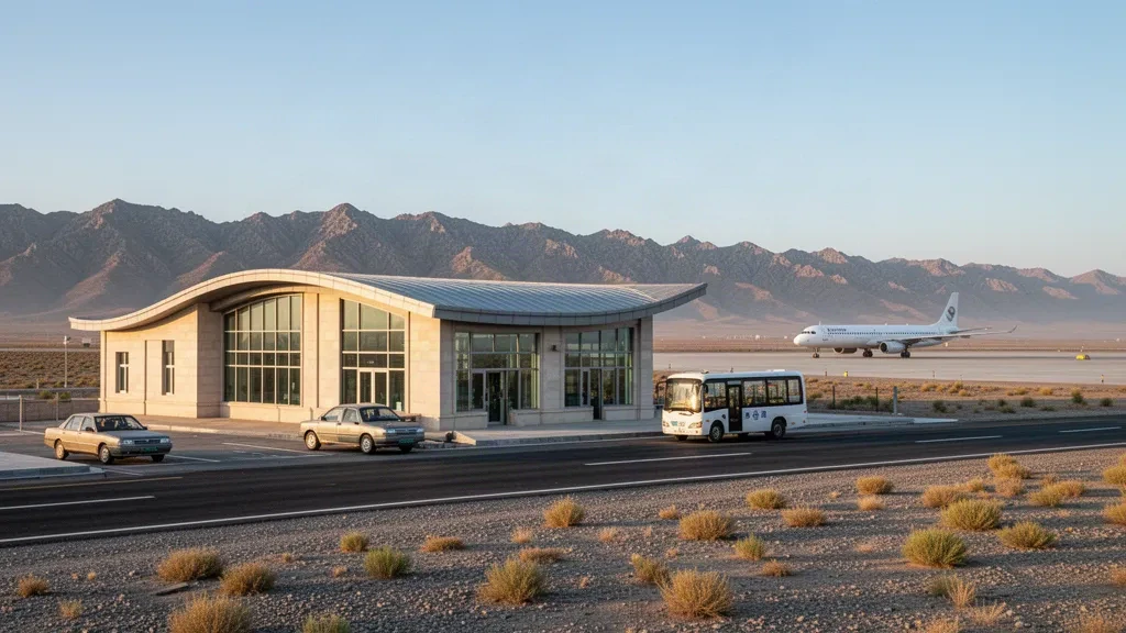 Terminal moderna junto al desierto y carril de bajada en la acera del aeropuerto de Alxa Left Banner Bayanhot en Mongolia Interior