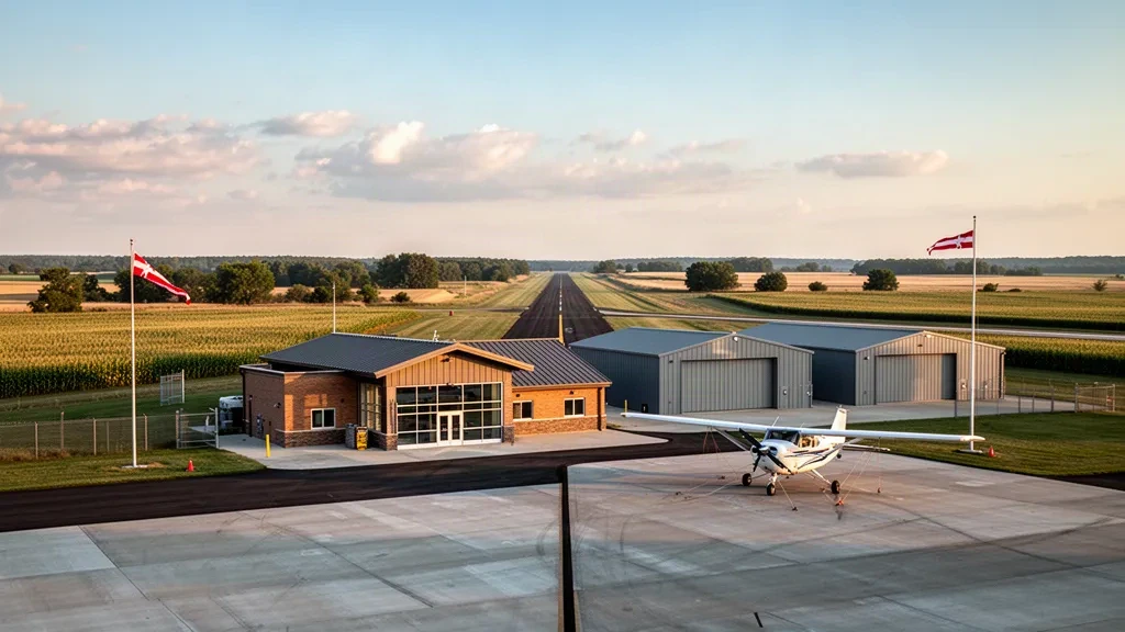 Iowa'daki Algona Municipal Airport'ta apron üzerinde park etmiş küçük tek motorlu uçak; altın saat ışığında hangarlar, taksi yolu ve pist