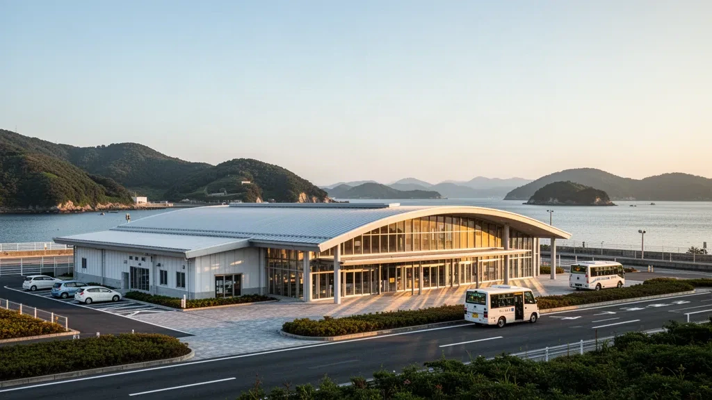 Exterior moderno de terminal de cristal en el aeropuerto de Amakusa, en Kumamoto, Japón, con una carretera de acceso y colinas costeras verdes bajo una cálida luz dorada