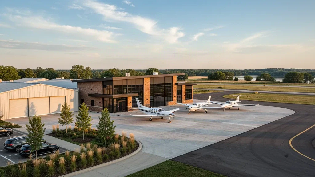 Terminal del aeropuerto Chandler Field y plataforma de estacionamiento con aeronaves pequeñas en Alexandria, Minnesota, bajo una cálida luz de tarde