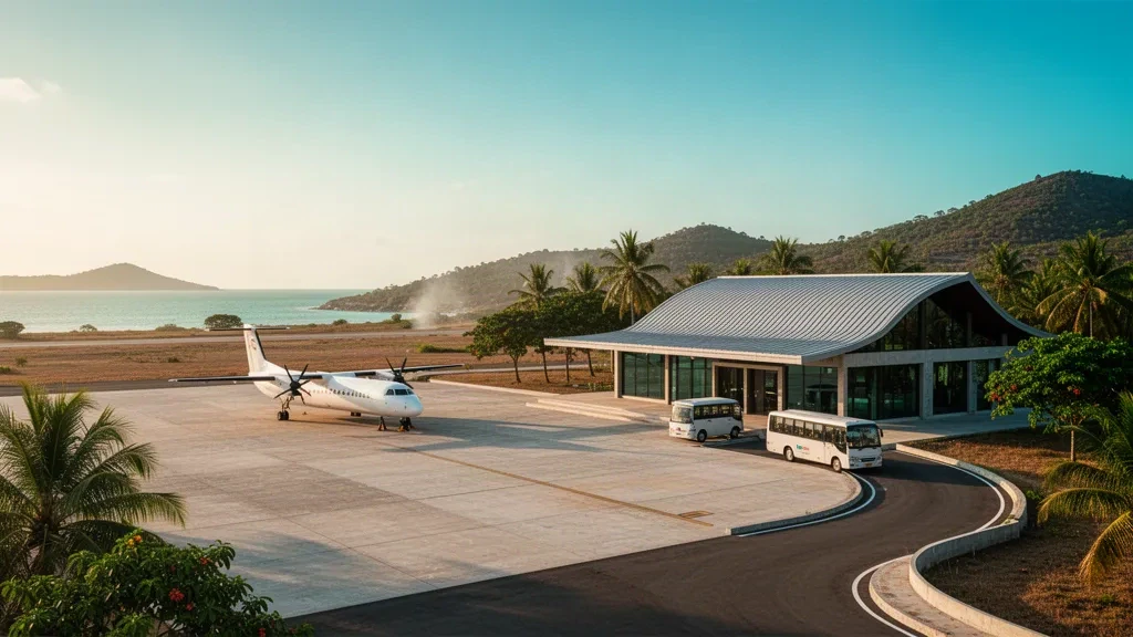 Modern tropical terminal and apron at Pantar Kabir Airport on Pantar Island, East Nusa Tenggara, with hills and the sea beyond