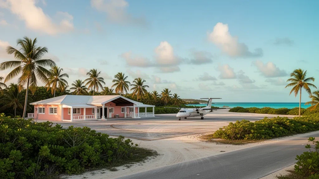 Low-rise terminal building and palm trees at Spring Point Airport on Acklins Island, Bahamas, under bright tropical skies