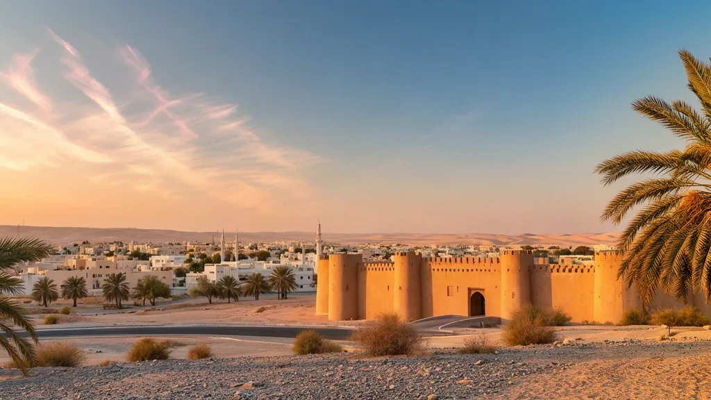Vue à l'heure dorée du Fort de Riffa surplombant le quartier moderne de Riffa dans le Gouvernorat du Sud à Bahreïn, encadré par des palmiers et des collines désertiques.