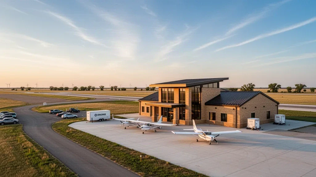 Single-story terminal and paved apron at Altus/Quartz Mountain Regional Airport in Oklahoma under warm evening light