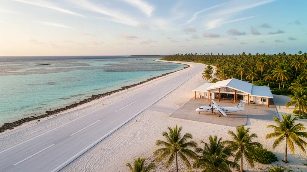 Kleiner Flughafen auf einem Korallenatoll in Arutua in Französisch-Polynesien mit befestigter Start- und Landebahn, türkisfarbener Lagune und palmengesäumtem Vorfeld im sanften Morgenlicht.
