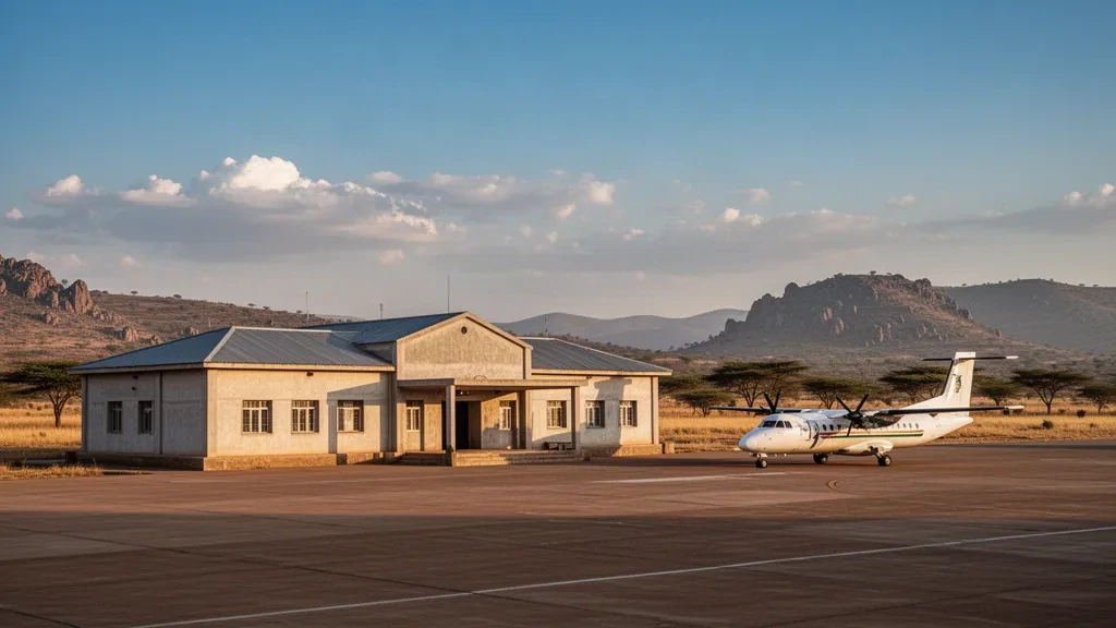 Axum Airport terminal and apron in Ethiopia's Tigray highlands with a parked turboprop in warm afternoon light