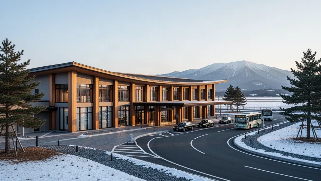 Extérieur du terminal moderne de l'aéroport d'Akita au Japon avec une façade en bois et verre, une voie de dépose le long du trottoir et des montagnes enneigées à l'heure dorée