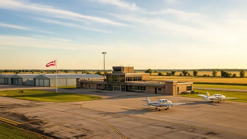 Edificio de la terminal y avioneta en la plataforma del Aeropuerto Neil Armstrong en Wapakoneta, Ohio, bajo un cielo despejado