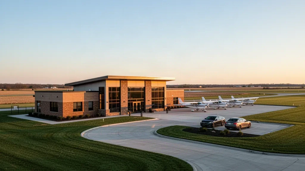 Petit terminal d'aviation générale et aire de stationnement à l'aéroport Neil Armstrong près de Wapakoneta, Ohio, baignés dans une lumière chaude d'heure dorée