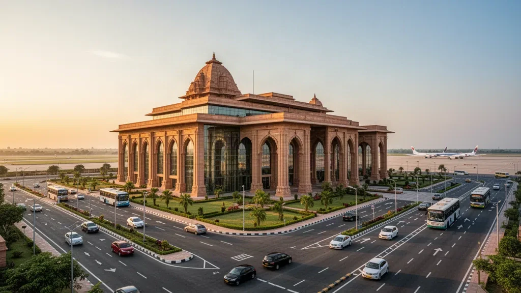 Exterior moderno de la terminal inspirado en un templo en el Aeropuerto Internacional Maharshi Valmiki en Ayodhya, India, resplandeciendo bajo la cálida luz de la hora dorada.