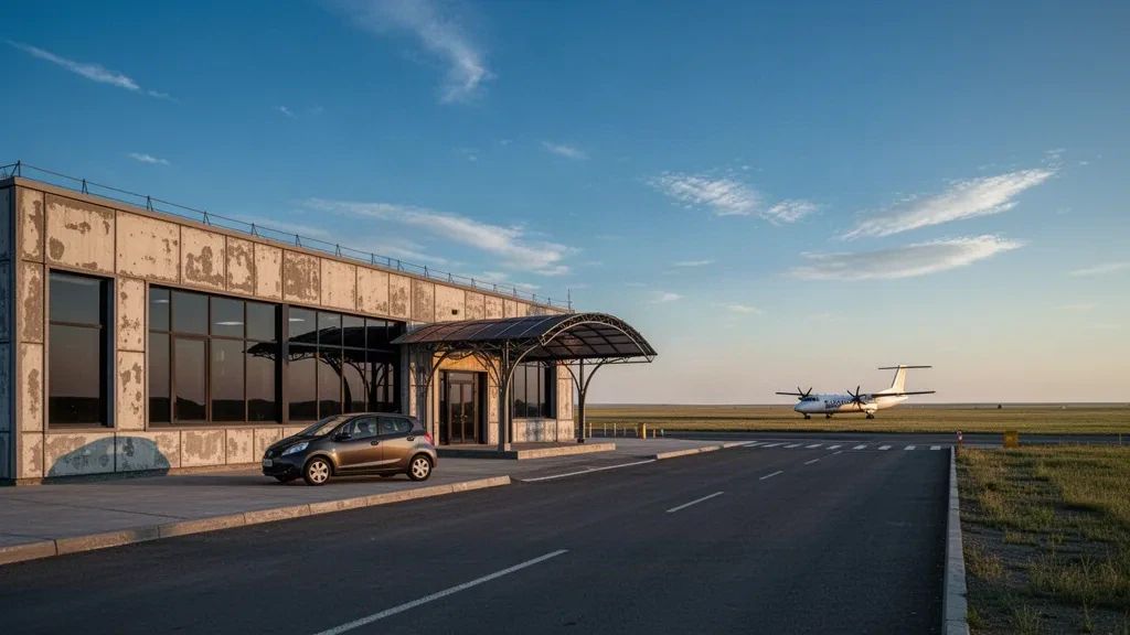 Kleines Regionalflughafenterminal und Turboprop-Flugzeug in der kasachischen Steppe am Flughafen Arkalyk North im Licht der goldenen Stunde