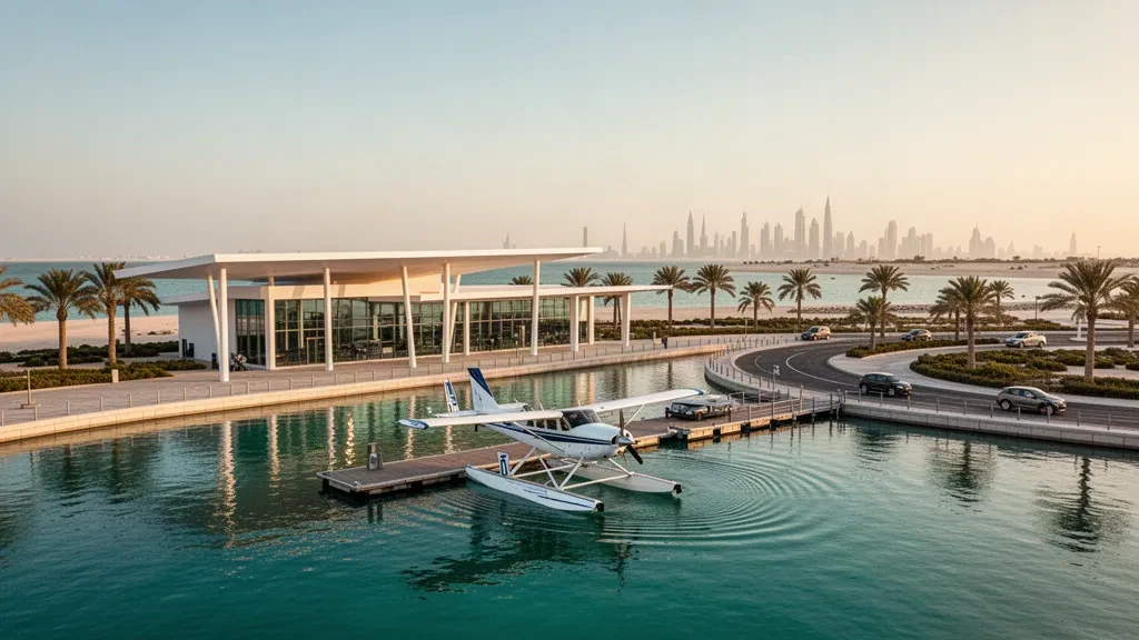 Abu Dabi'deki Yas Island Deniz Uçağı Üssü'nün sahil rıhtımına bağlı deniz uçağı, altın saatlerde sakin Körfez suları ve yürüyüş yolu