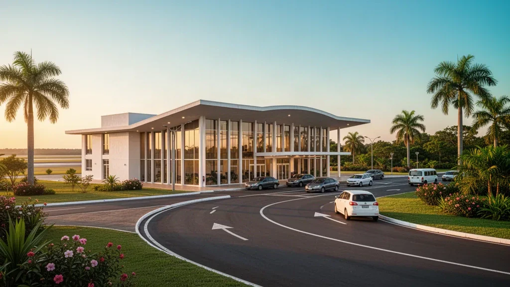 Extérieur du terminal moderne de l'aéroport national Juan de Ayolas au Paraguay avec voie de dépose bordée de palmiers à l'heure dorée