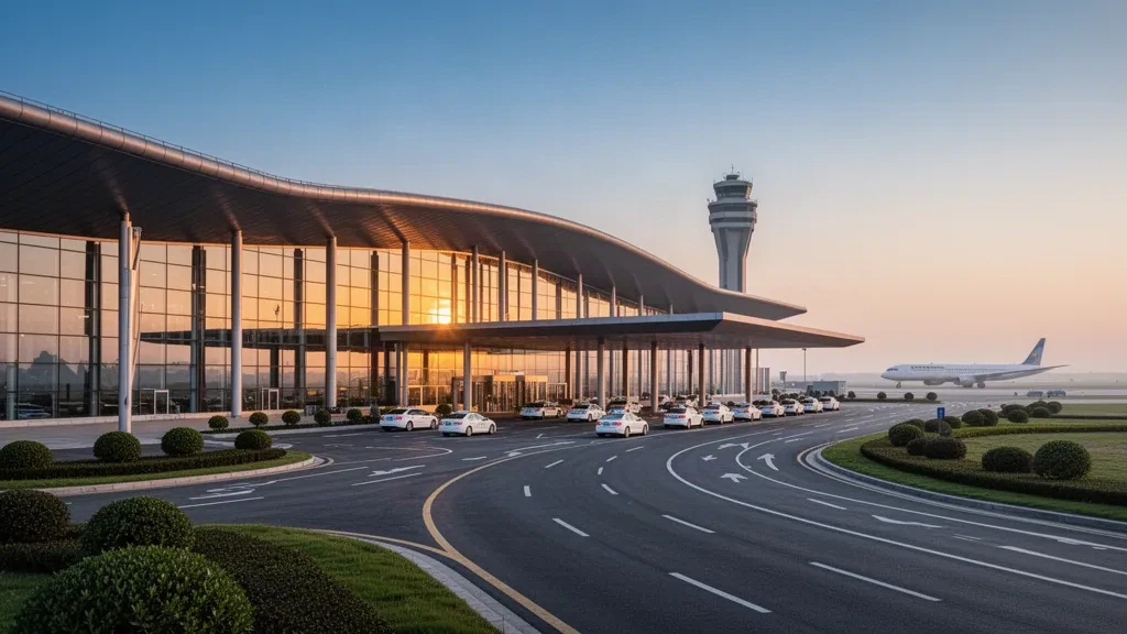 Henan, Çin'deki Anyang Yindu Havaalanı'nda erişim yolları, indirme şeritleri ve sıcak altın saat ışığıyla modern cam terminal dış cephesi