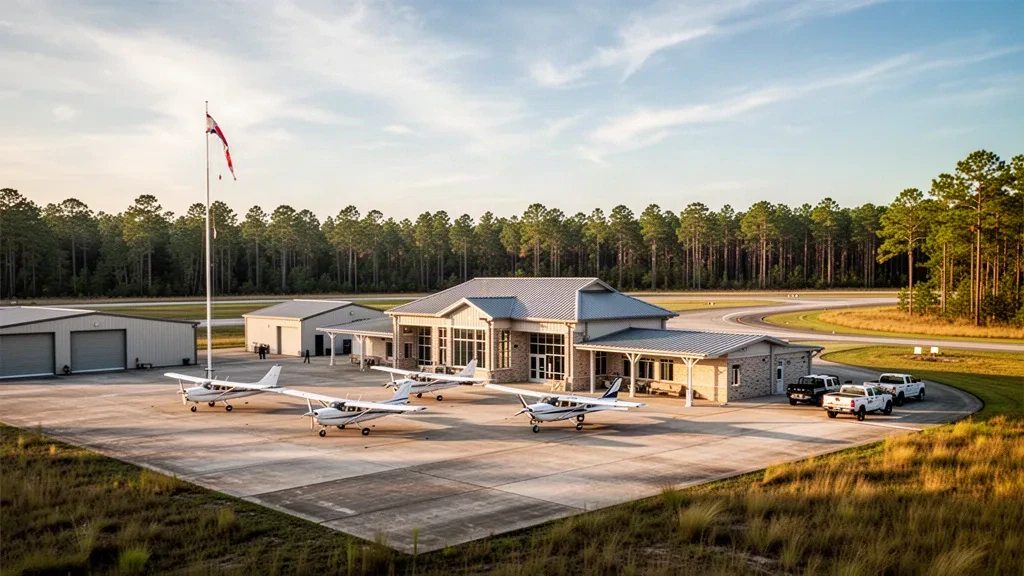 Avioneta y un edificio terminal bajo en la plataforma del aeropuerto de Waycross-Ware County, en el sureste de Georgia, a la hora dorada