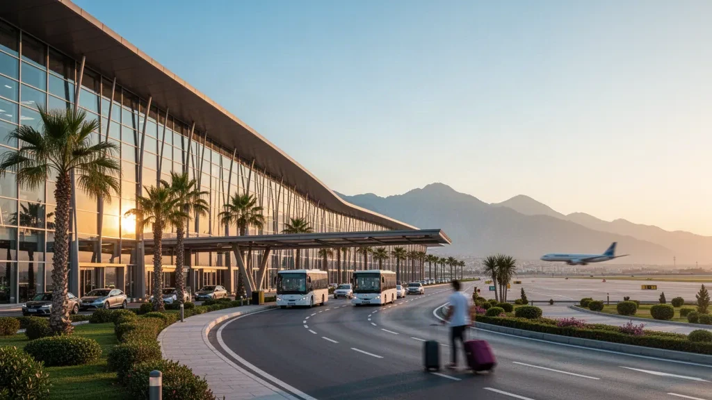Exterior moderno de terminal acristalada y vía de acceso bordeada de palmeras en el aeropuerto de Antalya, Turquía, bajo la cálida luz dorada del Mediterráneo