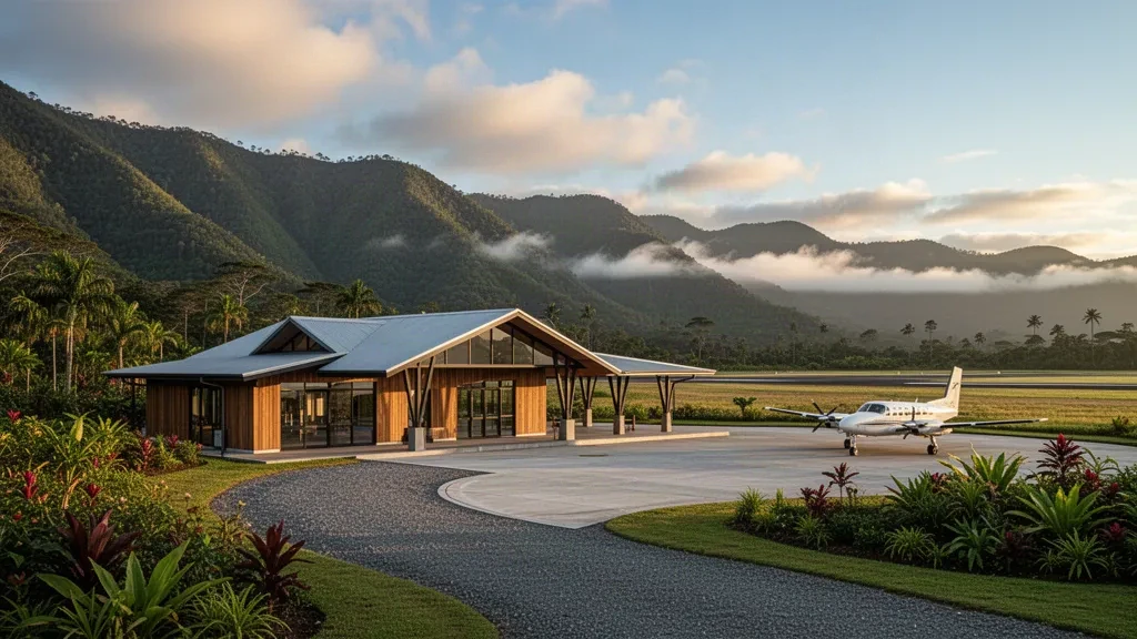 Kleines Flugzeug auf der Hochlandpiste am Flughafen Aiyura in Papua-Neuguinea, umgeben von nebligen grünen Bergen bei Sonnenaufgang.