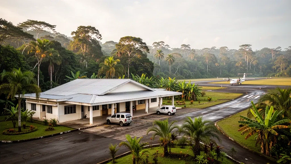Regional terminal and runway of Teniente General Gerardo Pérez Pinedo Airport in Atalaya, Peru, surrounded by Amazon rainforest