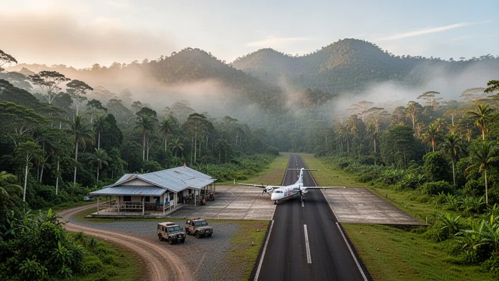 Pequeña terminal de aeropuerto remoto de montaña y pista de aterrizaje rodeadas de colinas selváticas brumosas en el suroeste de Papúa, Indonesia