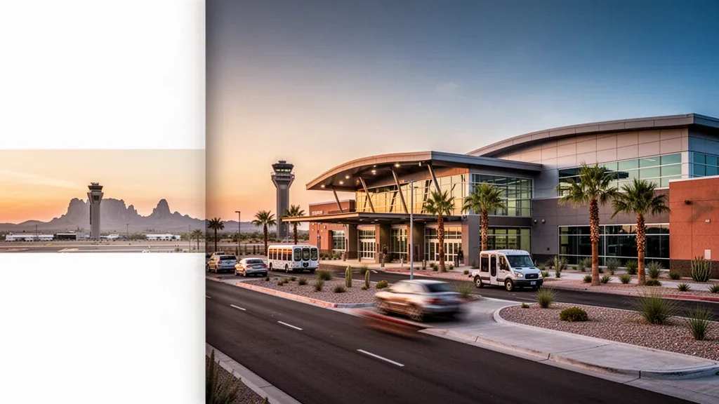 Arizona'daki Mesa Gateway Havalimanı'nda altın saatlerde modern cam terminal binasının dış cephesi ve çöl peyzajı