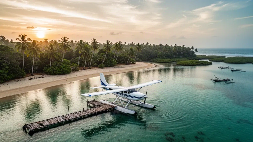 Wasserflugzeug auf dem ruhigen Wasser der Pottuvil-Lagune nahe Arugam Bay, Sri Lanka, mit palmengesäumtem Strand und tropischem Dschungel zur goldenen Stunde