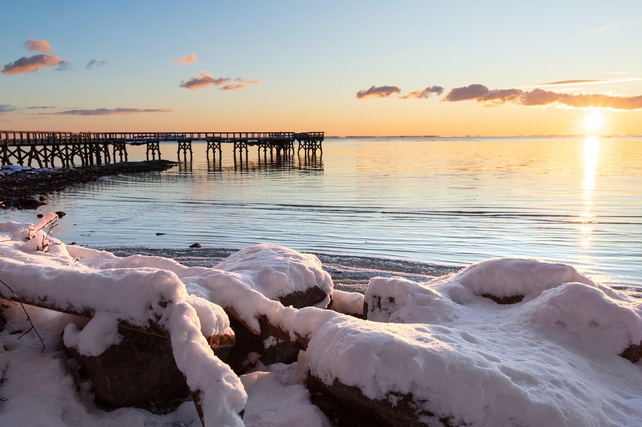 hiver, nature, jetée, lever de soleil, baie, neige, quai