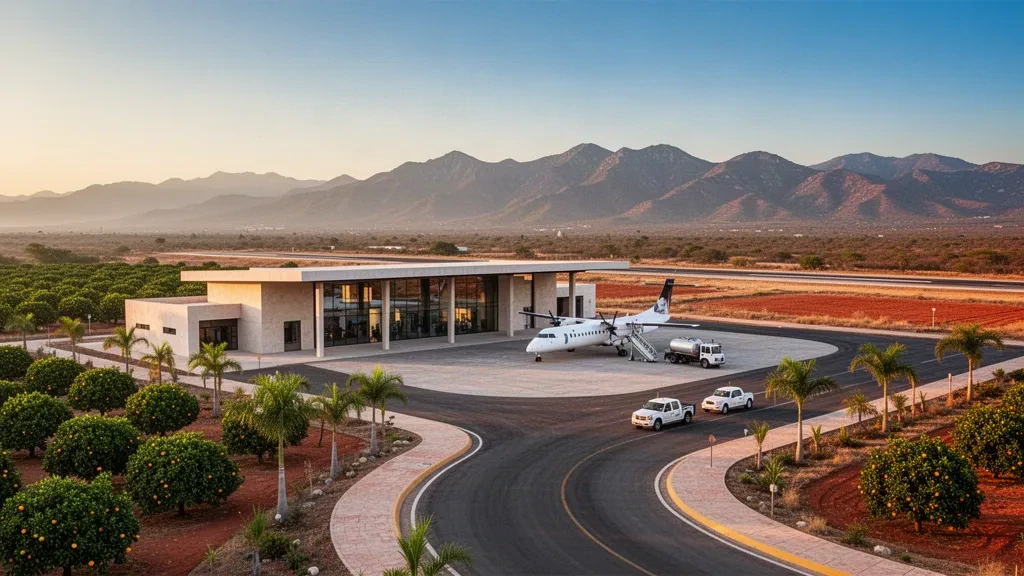 Pequeña terminal regional, plataforma y pista del Aeropuerto Pablo L. Sidar en Apatzingán, Michoacán, enmarcadas por montañas áridas durante la hora dorada.