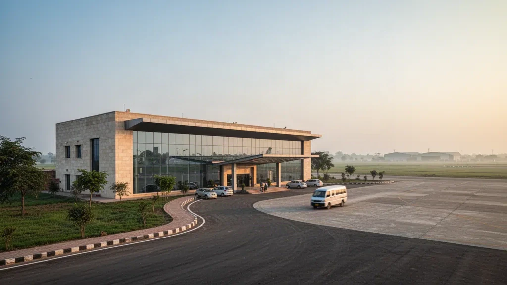 Moderne Glasfassade des Terminals und Einfahrt zur Abholzone am Flughafen Azamgarh in Uttar Pradesh, Indien, in warmem Nachmittagslicht.